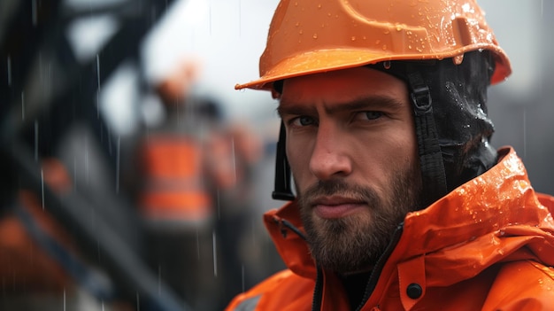 A construction worker stands confidently in the rain dressed in bright safety gear focused on the task at hand while others work in the blurred background of a busy urban site