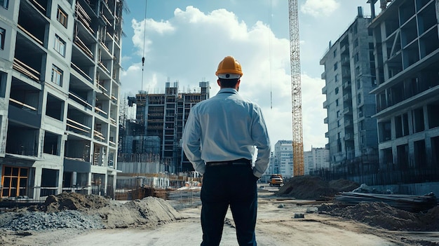 a construction worker stands in front of a building under construction