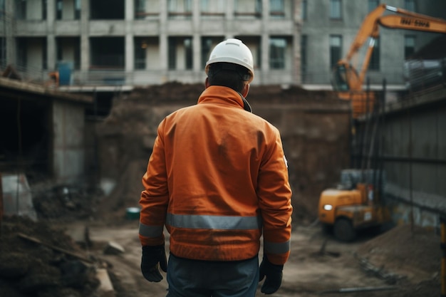 A construction worker stands in front of a building site with a yellow excavator on the back.