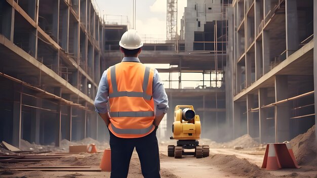 a construction worker stands in front of a construction site