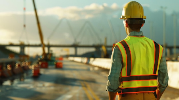 Construction worker surveying a site at sunrise ambition in steel and concrete