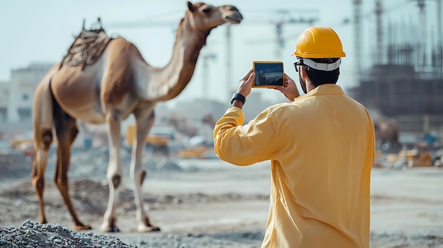 Photo construction worker taking a photo of a camel realistic image