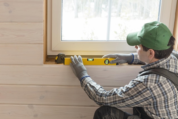 Construction worker thermally insulating eco wooden frame house with wood fiber plates Latvia