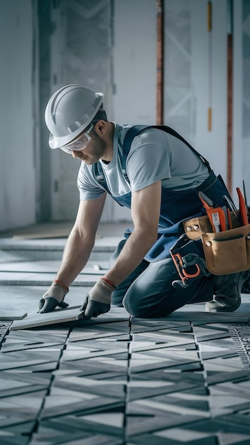 Construction worker tiler is tiling ceramic tile floor adhesive laying ceramic tiles