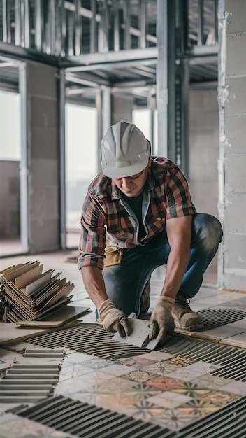 Construction worker tiler is tiling ceramic tile floor adhesive laying ceramic tiles