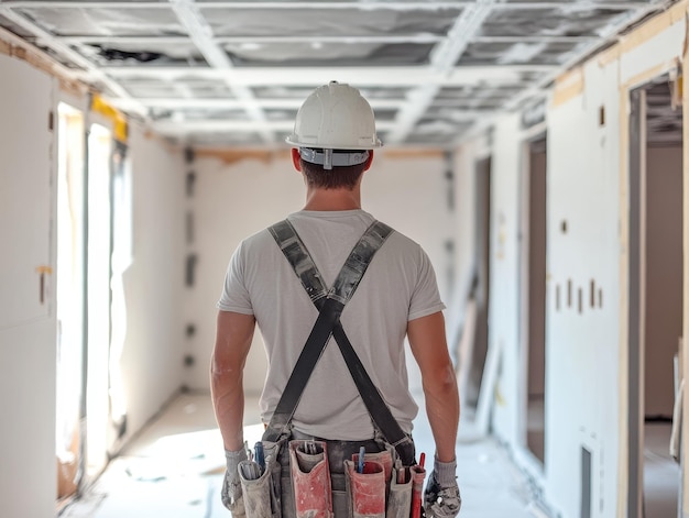 Construction worker in unfinished building interior