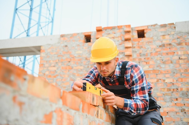 Construction worker in uniform and safety equipment have job on building