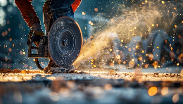 A construction worker uses a circular saw to cut metal sparks fly