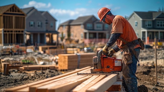 A construction worker uses power saw to cut lumber at building site