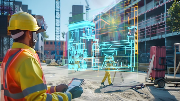 Construction worker using augmented reality technology to visualize a building project