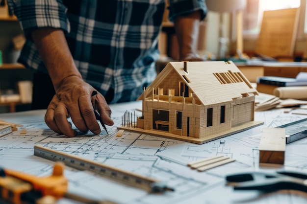 Photo construction worker using blueprints to build house on construction site project