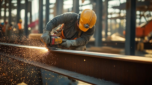 Photo construction worker using grinder on steel beam