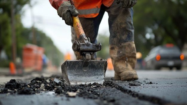 Photo construction worker using a hand tool to spread asphalt