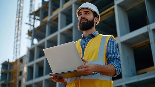 Photo construction worker using laptop at building site