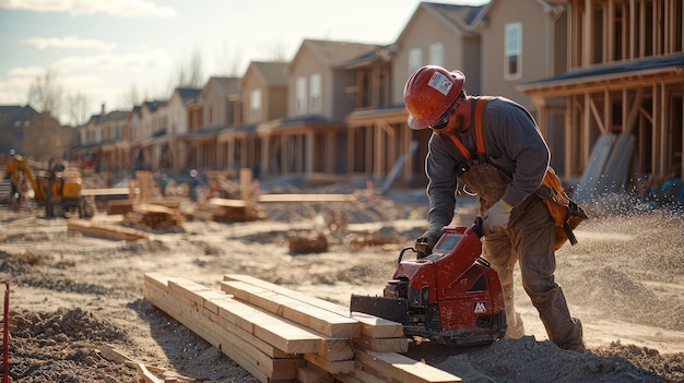 Construction worker using power saw to cut lumber on sunny day