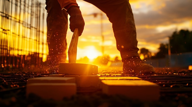 Photo construction worker using a sledgehammer to break a brick at sunset