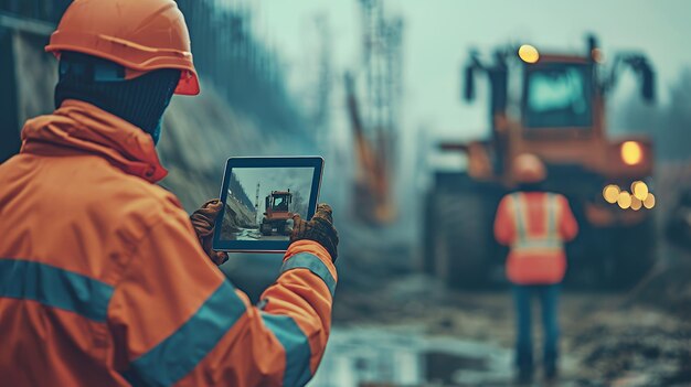 Photo construction worker using tablet to look at heavy machinery during a construction project