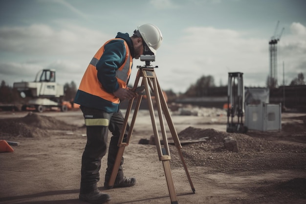 A construction worker using a tripod on a construction site