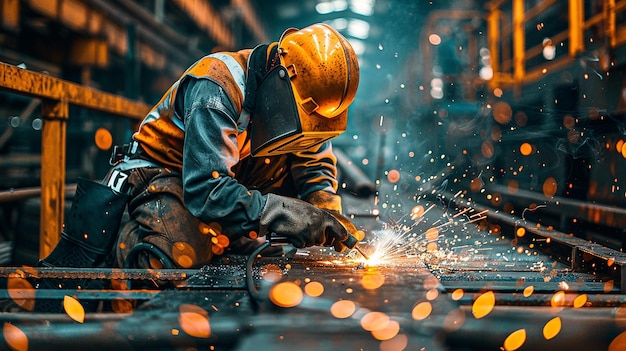 Construction Worker Using Welding Torch to Join Metal Parts