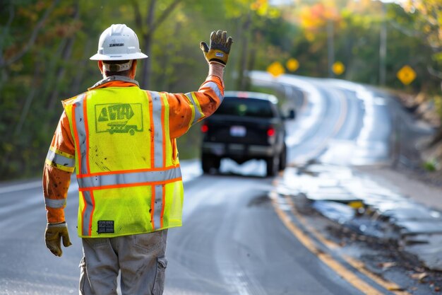 Photo construction worker waving on highway