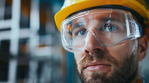 Photo construction worker wearing clear safety goggles examining site details eyes highlighted on a white background