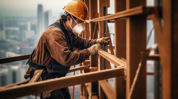 A construction worker wearing a face mask and a helmet works on a construction site.