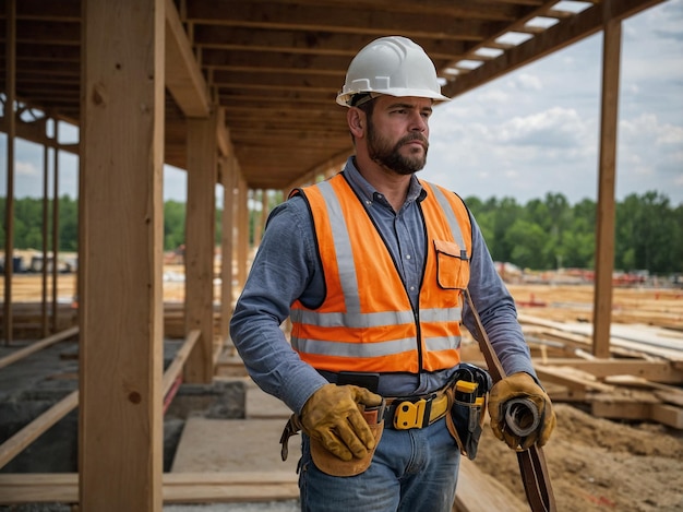 Photo a construction worker wearing a hard hat and a hard hat is walking on a construction site