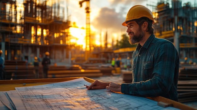 A construction worker wearing a hardhat and smiling looks at blueprints on a construction site at sunset