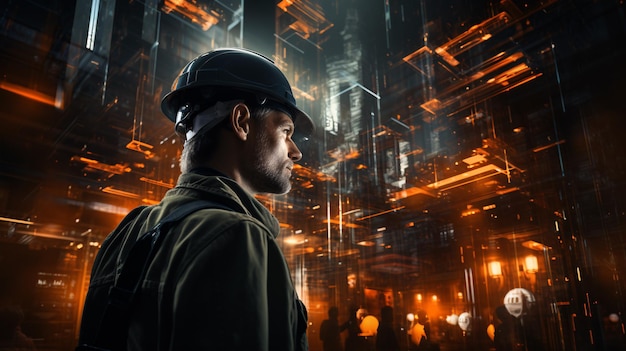 Construction worker wearing an orange hard hat Development concept BIM and digital twin concept