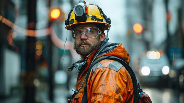 Photo a construction worker wearing an orange hard hat and reflective gear stands alert on a rainy city street