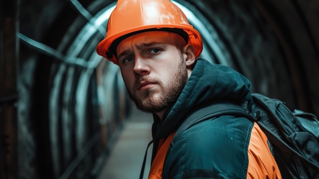 A construction worker wearing an orange helmet and a dark jacket looks back in a dimly lit underground tunnel emphasizing the challenges faced in such environments while ensuring safety