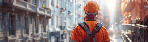 Photo construction worker wearing safety gear on a building site in the city male laborer with hard hat