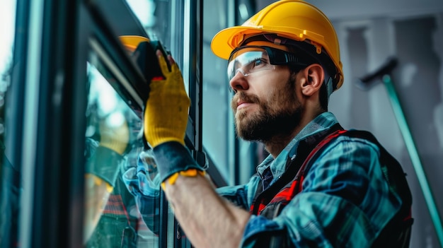 A construction worker wearing safety gear installs a window frame