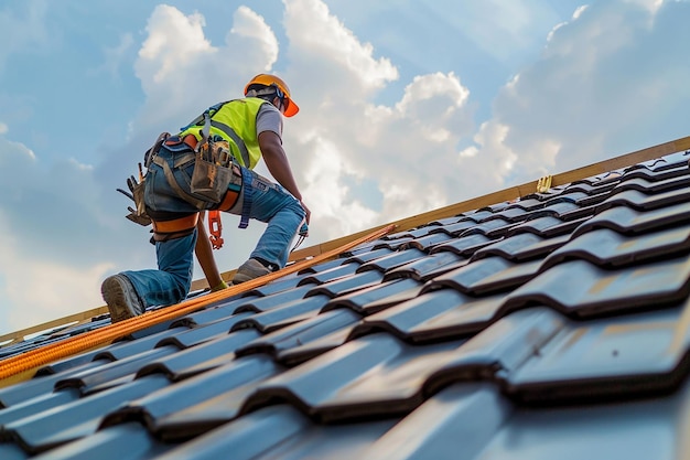 Construction worker wearing safety harness belt during working on roof structure of building on