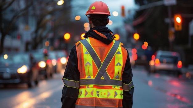 Construction worker wearing a safety vest and helmet standing on a city street at night with blurred traffic lights