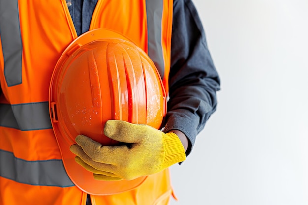 Construction worker wearing safety vest and holding helmet