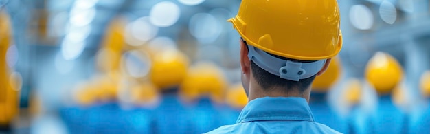 A construction worker wearing yellow color safety helmet and construction vest and excavators on ground in blur background