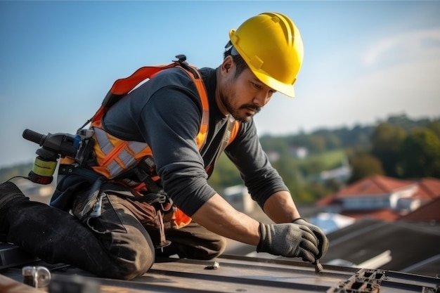 A construction worker wears a seat belt while working on the roof structure of a building at a construction site Install concrete roof tiles on the roof above