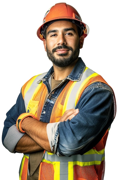 construction worker with arm crossed on white background labor day