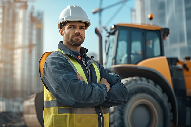 Construction worker with arms crossed standing in front of a large tractor