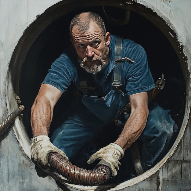 Photo a construction worker with a beard emerges from a manhole holding a hose