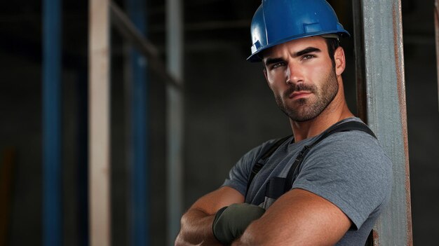 A construction worker with a blue hard hat stands confidently at a bustling job site prepared to tackle the days construction challenges amidst unfinished structures in the background