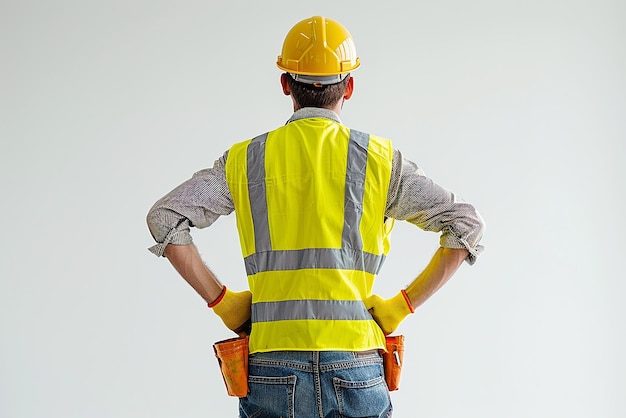 Construction Worker with Yellow Helmet and Vest on White Background