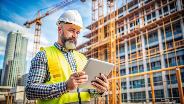 Photo a construction worker with a yellow vest reading a tablet