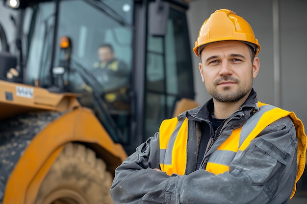 Photo construction worker in a yellow hard hat and reflective vest with arms crossed in front of a large bulldozer