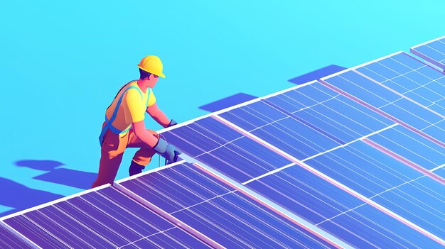 Photo a construction worker in a yellow hard hat and safety vest is working on installing solar panels on a blue background