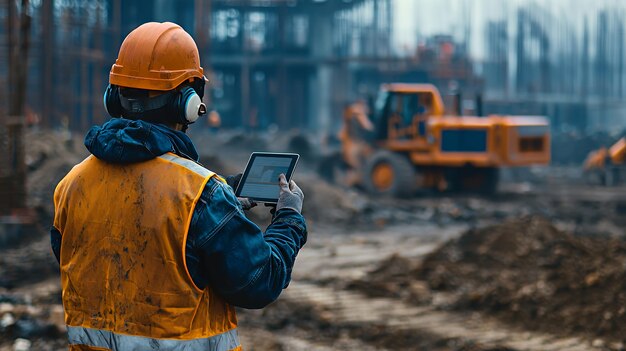 Photo construction worker in a yellow vest and hardhat uses a tablet on a construction site