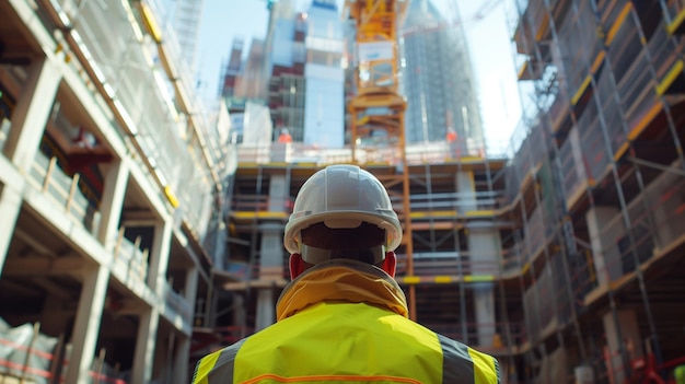 a construction worker in a yellow vest is walking down a building under construction