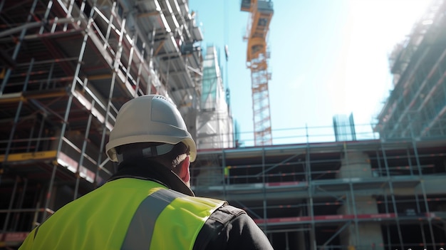 a construction worker in a yellow vest stands in front of a building under construction