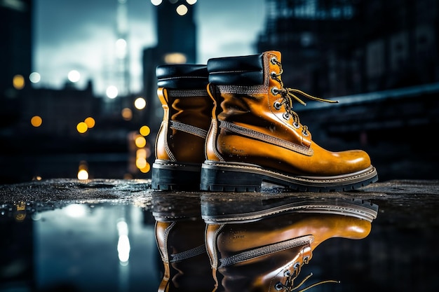 Construction worker39s boots on a wet ground with construction site in the background illuminated at night